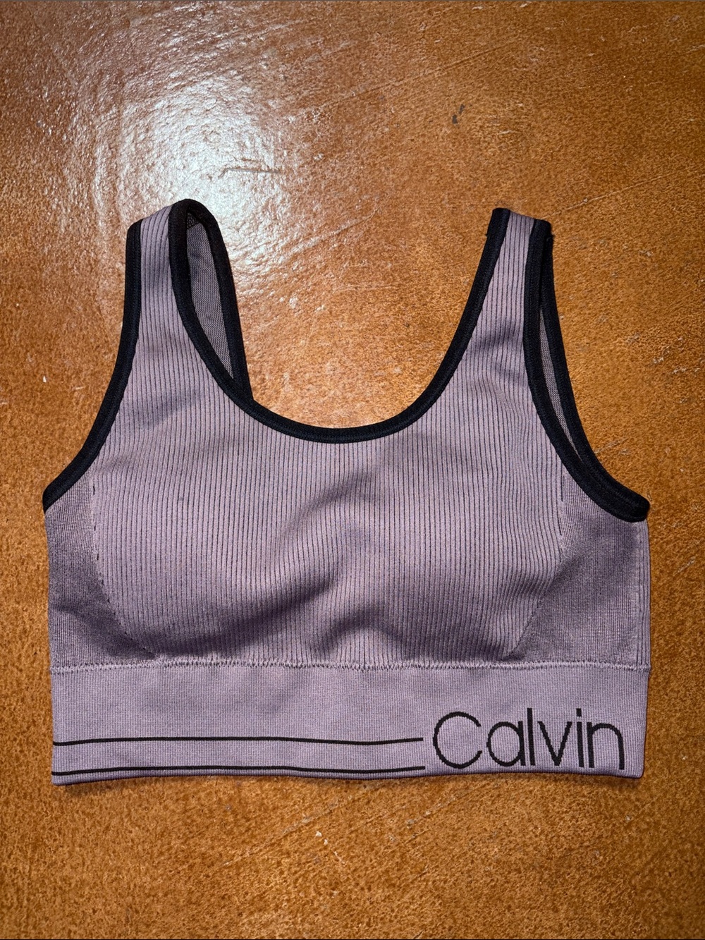 Calvin Klein Dusty Mauve Ribbed Sports Bra with Black Trim